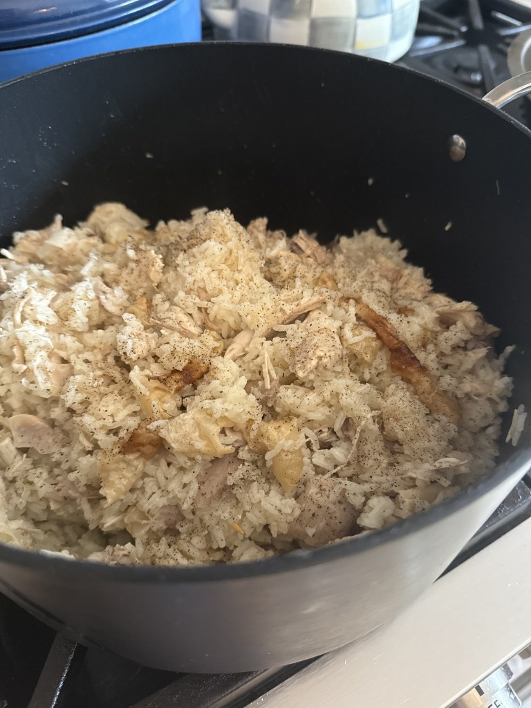 Homemade Southern chicken and rice served family style.
