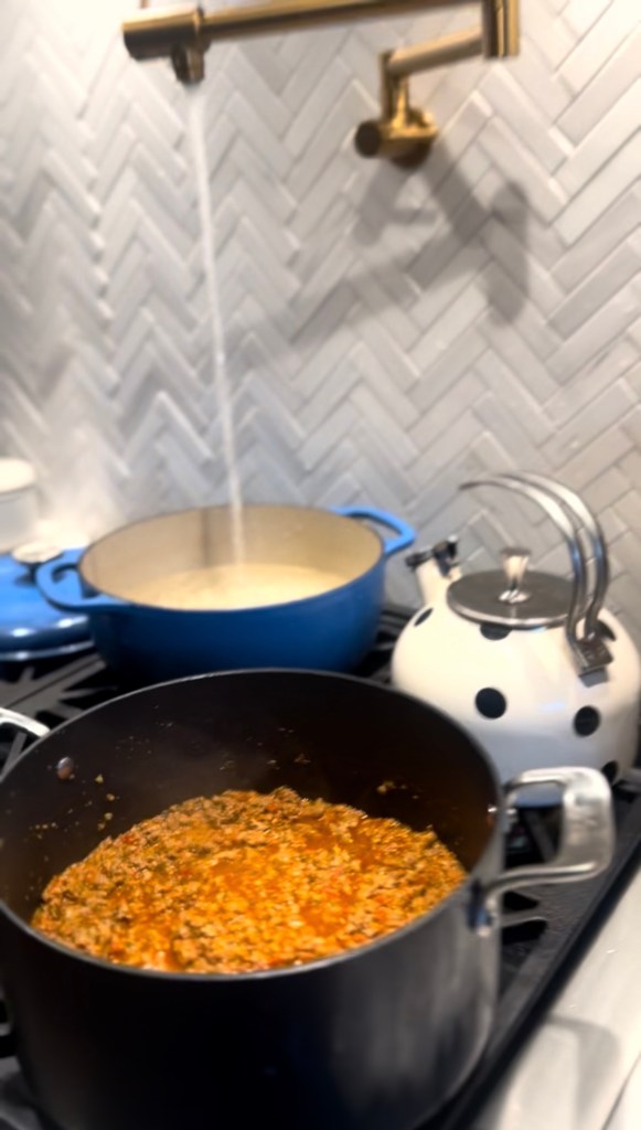 Homemade spaghetti sauce with ground beef, zucchini and onion prepared in a food processor.