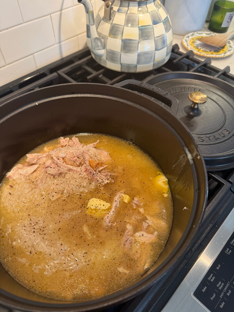 Homemade Southern chicken and rice served family style.